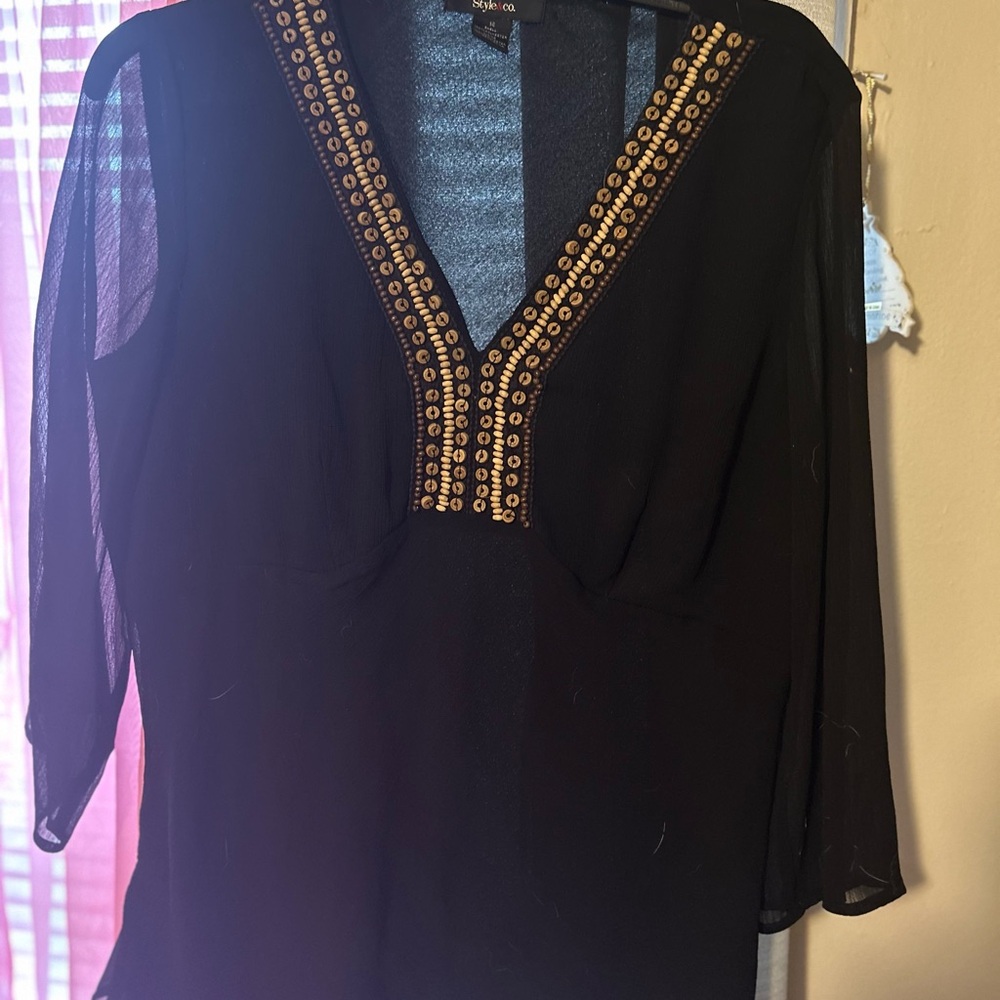 Style & Co. Black Embellished Blouse with Long Sleeves